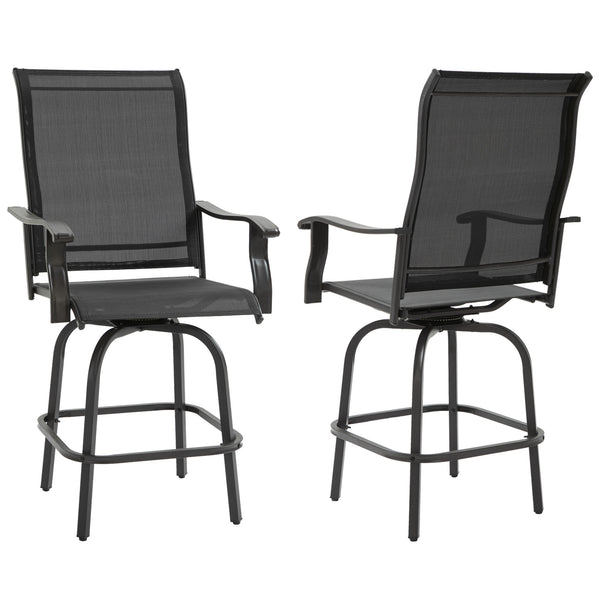 Outdoor Swivel Bar Stools Set of 2, 2 Piece Bar Height Patio Chairs with High Back, Curved Armrests and Steel Frame for Balcony, Poolside, Backyard, Black