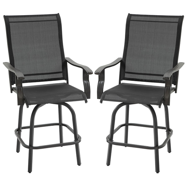 Outdoor Swivel Bar Stools Set of 2, 2 Piece Bar Height Patio Chairs with High Back, Curved Armrests and Steel Frame for Balcony, Poolside, Backyard, Black