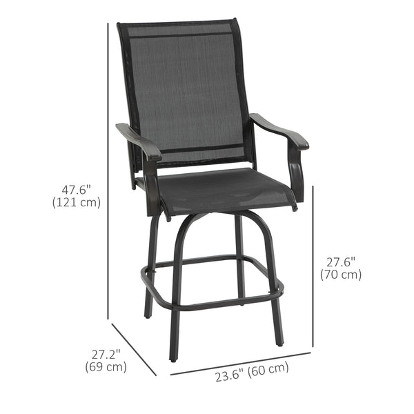 Outdoor Swivel Bar Stools Set of 2, 2 Piece Bar Height Patio Chairs with High Back, Curved Armrests and Steel Frame for Balcony, Poolside, Backyard, Black