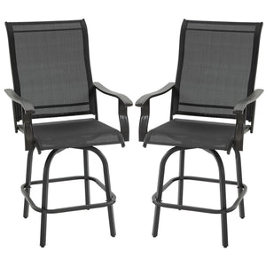 Outdoor Swivel Bar Stools Set of 2, 2 Piece Bar Height Patio Chairs with High Back, Curved Armrests and Steel Frame for Balcony, Poolside, Backyard, Black