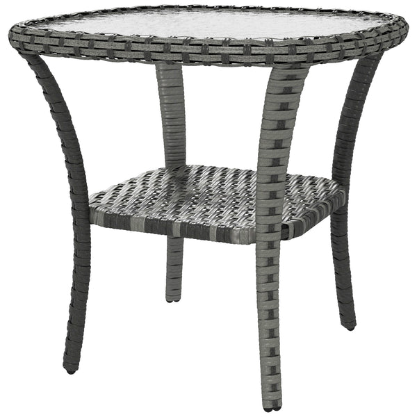 Rattan Coffee Table with Storage Shelf, Wicker Side Table with Glass Top, Outdoor End Table for Garden, Porch, Backyard, Mix Grey