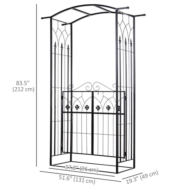7' Metal Garden Arch with Gate, Outdoor Trellis Arbor Backdrop Stand with Lucky Leaf Clover Doors, for Ceremony, Weddings, Party, Garden, Backyard and Lawn, Black