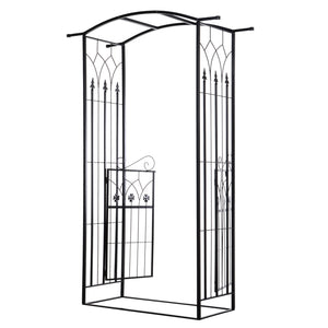 7' Metal Garden Arch with Gate, Outdoor Trellis Arbor Backdrop Stand with Lucky Leaf Clover Doors, for Ceremony, Weddings, Party, Garden, Backyard and Lawn, Black