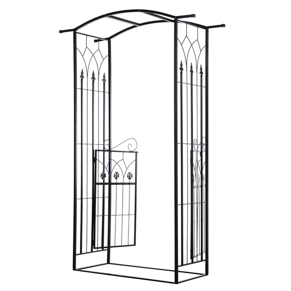 7' Metal Garden Arch with Gate, Outdoor Trellis Arbor Backdrop Stand with Lucky Leaf Clover Doors, for Ceremony, Weddings, Party, Garden, Backyard and Lawn, Black
