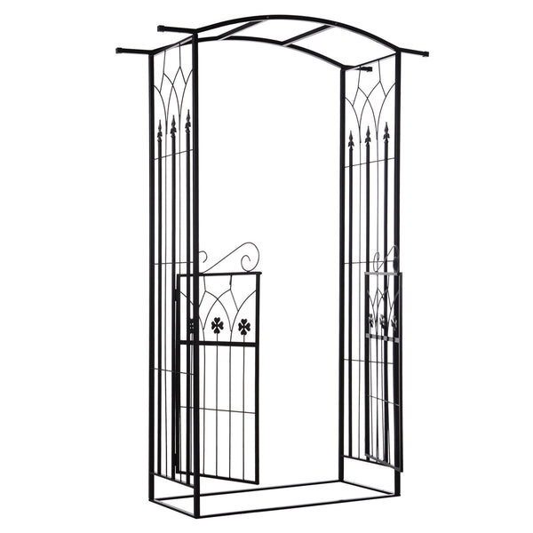 7' Metal Garden Arch with Gate, Outdoor Trellis Arbor Backdrop Stand with Lucky Leaf Clover Doors, for Ceremony, Weddings, Party, Garden, Backyard and Lawn, Black