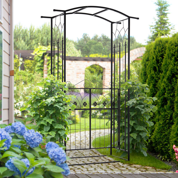 7' Metal Garden Arch with Gate, Outdoor Trellis Arbor Backdrop Stand with Lucky Leaf Clover Doors, for Ceremony, Weddings, Party, Garden, Backyard and Lawn, Black