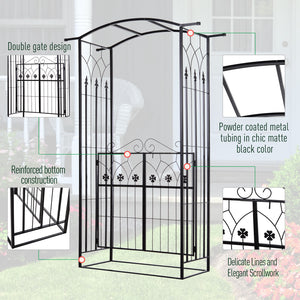 7' Metal Garden Arch with Gate, Outdoor Trellis Arbor Backdrop Stand with Lucky Leaf Clover Doors, for Ceremony, Weddings, Party, Garden, Backyard and Lawn, Black