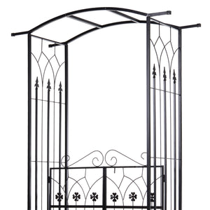 7' Metal Garden Arch with Gate, Outdoor Trellis Arbor Backdrop Stand with Lucky Leaf Clover Doors, for Ceremony, Weddings, Party, Garden, Backyard and Lawn, Black