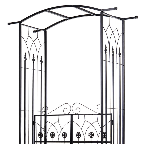 7' Metal Garden Arch with Gate, Outdoor Trellis Arbor Backdrop Stand with Lucky Leaf Clover Doors, for Ceremony, Weddings, Party, Garden, Backyard and Lawn, Black