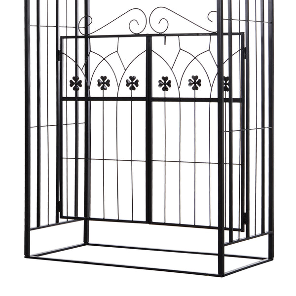 7' Metal Garden Arch with Gate, Outdoor Trellis Arbor Backdrop Stand with Lucky Leaf Clover Doors, for Ceremony, Weddings, Party, Garden, Backyard and Lawn, Black