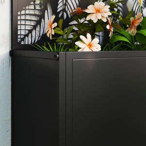 Metal Raised Garden Bed with Trellis for Climbing Plants, Freestanding or Wall Mounted Flower Bed with Privacy Panel, Small Leaves Cut-Outs Outdoor Planter Box for Garden, Patio, Balcony