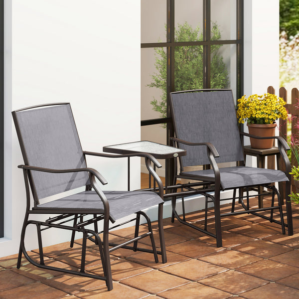 Outdoor Glider Chairs with Coffee Table, Patio 2-Seat Rocking Chair Swing Loveseat with Breathable Sling for Backyard, Garden, and Porch, Gray