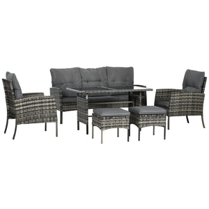 5 Seater Rattan Garden Furniture Set, 2 Armchairs, 3-Seater Wicker Sofa, 2 Footstools and Glass Table, 6 Piece Patio Rattan furniture Sofa Sets with Cushions for Conservatory, Mixed Grey