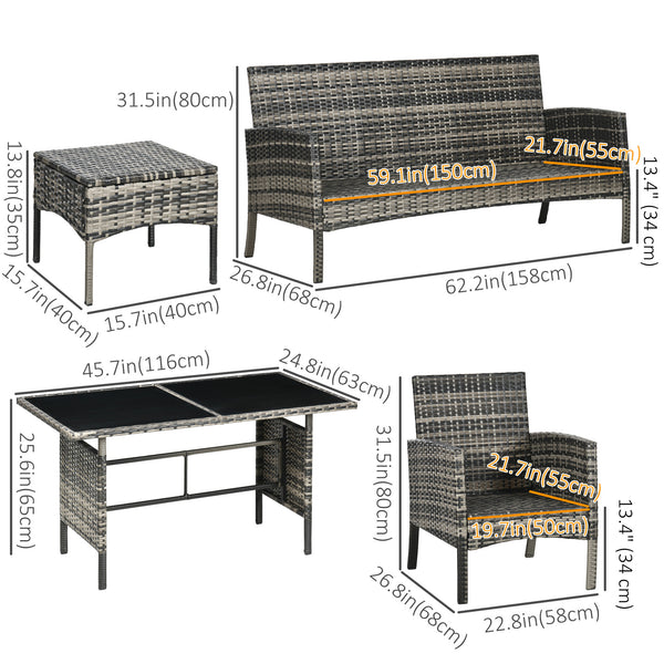 6 Piece Patio Furniture Set with Patio Chairs, Ottomans, Sofa, Glass Top Table and Cushions, Wicker Rattan Outdoor Furniture Set for Backyard, Porch, Grey