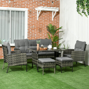 5 Seater Rattan Garden Furniture Set, 2 Armchairs, 3-Seater Wicker Sofa, 2 Footstools and Glass Table, 6 Piece Patio Rattan furniture Sofa Sets with Cushions for Conservatory, Mixed Grey