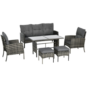 5 Seater Rattan Garden Furniture Set, 2 Armchairs, 3-Seater Wicker Sofa, 2 Footstools and Glass Table, 6 Piece Patio Rattan furniture Sofa Sets with Cushions for Conservatory, Mixed Grey