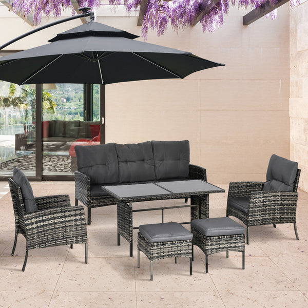 5 Seater Rattan Garden Furniture Set, 2 Armchairs, 3-Seater Wicker Sofa, 2 Footstools and Glass Table, 6 Piece Patio Rattan furniture Sofa Sets with Cushions for Conservatory, Mixed Grey