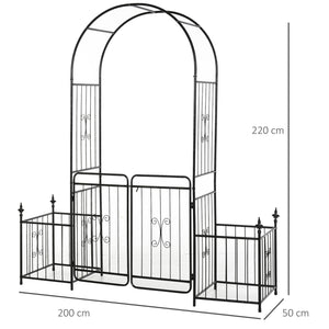 Metal Garden Arbor Arch with Double Doors, 2 Side Planter Baskets, Climbing Vine Frame, Black