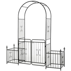 Metal Garden Arbor Arch with Double Doors, 2 Side Planter Baskets, Climbing Vine Frame, Black