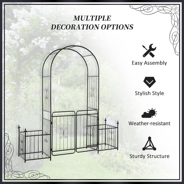 Metal Garden Arbor Arch with Double Doors, 2 Side Planter Baskets, Climbing Vine Frame, Black