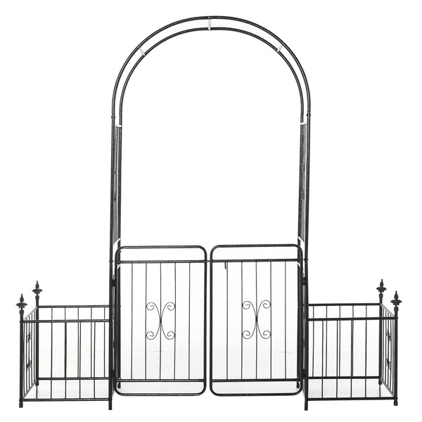 Metal Garden Arbor Arch with Double Doors, 2 Side Planter Baskets, Climbing Vine Frame, Black