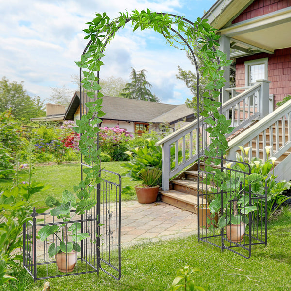 Metal Garden Arbor Arch with Double Doors, 2 Side Planter Baskets, Climbing Vine Frame, Black