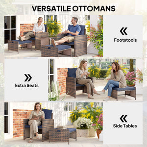 5 Piece Patio Furniture Set, Wicker Patio Chairs with Ottomans, 2-Tier Glass Coffee Table, Cushions, Outdoor Patio Furniture Conversation Set for Balcony, Brown/Dark Blue