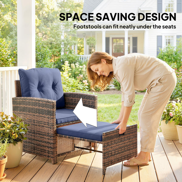 5 Piece Patio Furniture Set, Wicker Patio Chairs with Ottomans, 2-Tier Glass Coffee Table, Cushions, Outdoor Patio Furniture Conversation Set for Balcony, Brown/Dark Blue