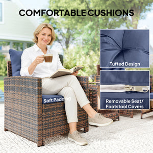 5 Piece Patio Furniture Set, Wicker Patio Chairs with Ottomans, 2-Tier Glass Coffee Table, Cushions, Outdoor Patio Furniture Conversation Set for Balcony, Brown/Dark Blue