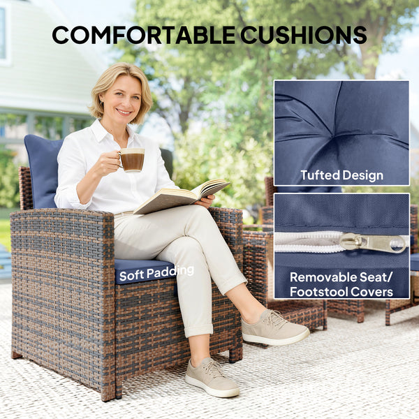 5 Piece Patio Furniture Set, Wicker Patio Chairs with Ottomans, 2-Tier Glass Coffee Table, Cushions, Outdoor Patio Furniture Conversation Set for Balcony, Brown/Dark Blue