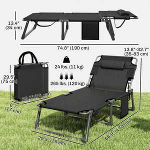 Lounge Chair Outdoor Set of 2, 75 cm Wide Folding Chaise Lounge Tanning Chair, 5-Position Beach Patio Lounger Camping Cot Bed with Cushion, Side Pocket, Dark Grey