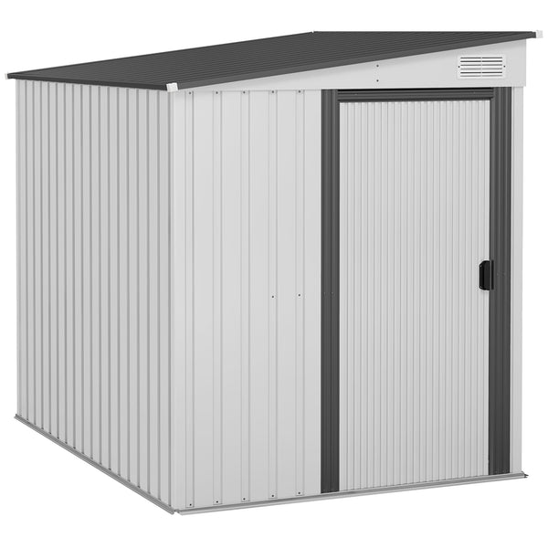 7 x 5FT Galvanised Metal Garden Shed with Foundation, Lean to Shed, Tool Storage House with Sliding Doors, 2 Vents, Adjustable Shelves and Hooks, White