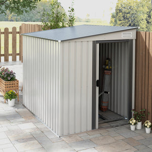 7 x 5FT Galvanised Metal Garden Shed with Foundation, Lean to Shed, Tool Storage House with Sliding Doors, 2 Vents, Adjustable Shelves and Hooks, White