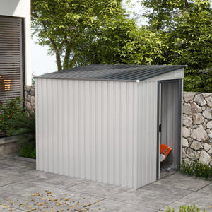 5 x 7FT Lean to Outdoor Storage Shed with Foundation Kit, Metal Garden Shed with Adjustable Shelves, Sliding Door, Vents, Hooks for Backyard, Patio, Lawn, White