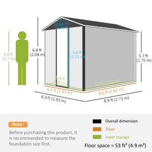 9 x 6FT Galvanised Metal Garden Shed, Outdoor Storage Shed with Sloped Roof, Lockable Door, Tool Storage Shed for Yard, Patio, Lawn, Dark Grey
