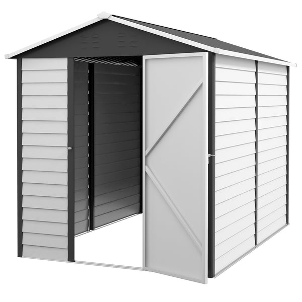 9 x 6FT Galvanised Metal Garden Shed, Outdoor Storage Shed with Sloped Roof, Lockable Door, Tool Storage Shed for Yard, Patio, Lawn, Dark Grey