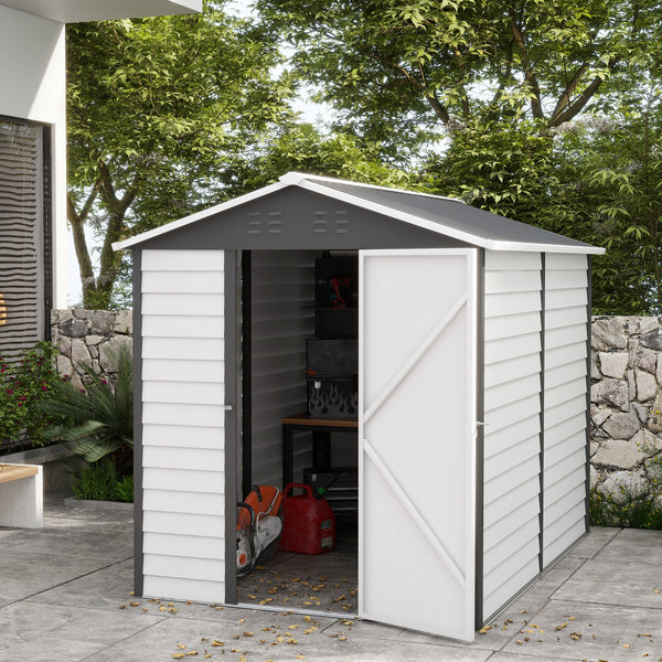 9 x 6FT Galvanised Metal Garden Shed, Outdoor Storage Shed with Sloped Roof, Lockable Door, Tool Storage Shed for Yard, Patio, Lawn, Dark Grey