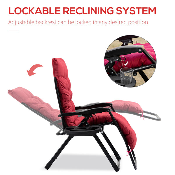 Padded Zero Gravity Chair, Folding Recliner Chair, Patio Lounger with Cup Holder, Adjustable Backrest, Removable Cushion for Outdoor, Patio, Deck, and Poolside, Red