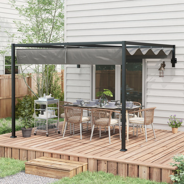 3 x 4m Lean To Pergola with Retractable Roof, Wall Mounted Garden Gazebo Outdoor Sun Shade Shelter for Patio, Deck