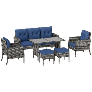 6 Piece Patio Furniture Set with Patio Chairs, Ottomans, Sofa, Glass Top Table and Cushions, Wicker Rattan Outdoor Furniture Set for Backyard, Porch, Navy Blue