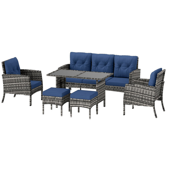 6 Piece Patio Furniture Set with Patio Chairs, Ottomans, Sofa, Glass Top Table and Cushions, Wicker Rattan Outdoor Furniture Set for Backyard, Porch, Navy Blue