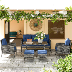 6 Piece Patio Furniture Set with Patio Chairs, Ottomans, Sofa, Glass Top Table and Cushions, Wicker Rattan Outdoor Furniture Set for Backyard, Porch, Navy Blue
