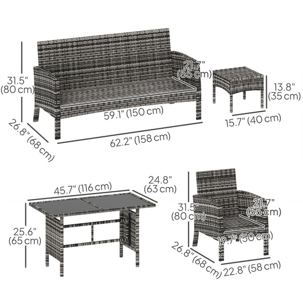 6 Piece Patio Furniture Set with Patio Chairs, Ottomans, Sofa, Glass Top Table and Cushions, Wicker Rattan Outdoor Furniture Set for Backyard, Porch, Navy Blue