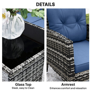 6 Piece Patio Furniture Set with Patio Chairs, Ottomans, Sofa, Glass Top Table and Cushions, Wicker Rattan Outdoor Furniture Set for Backyard, Porch, Navy Blue
