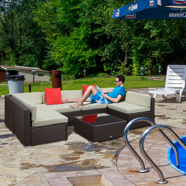 7 Piece Patio Furniture Set, PE Rattan Outdoor Conversation Set with Sectional Sofa, Glass Tabletop, Cushions and Pillows for Garden, Lawn, Deck, Coffee and Cream White