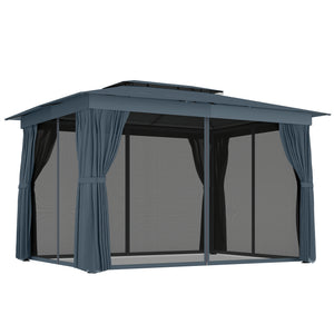 10' x 12' Outdoor Patio Gazebo, Soft Top Gazebo Canopy Shelter with Double Roof, Curtains, Netting, Steel Frame, UPF30+ Protection, Ceiling Hooks for Lawn, Backyard, Deck, Blue