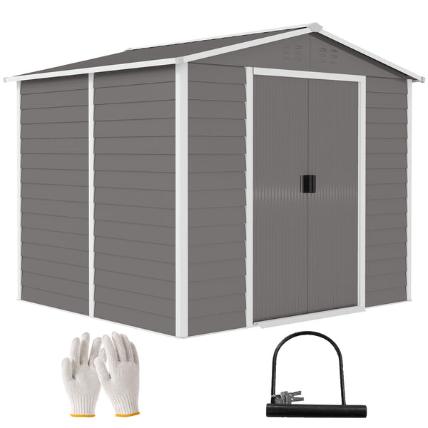8' x 7' Outdoor Storage Shed, Easy to Assemble, Upgraded Galvanized Metal Garden Shed with Lockable Doors, Floor Frame and Gloves for Backyard, Lawn, Patio, Light Grey