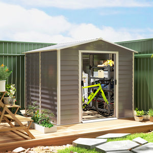 8' x 7' Outdoor Storage Shed, Easy to Assemble, Upgraded Galvanized Metal Garden Shed with Lockable Doors, Floor Frame and Gloves for Backyard, Lawn, Patio, Light Grey