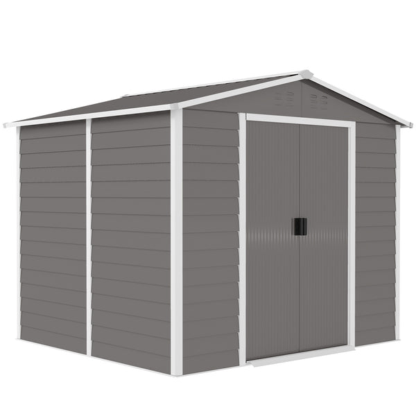 8' x 7' Outdoor Storage Shed, Easy to Assemble, Upgraded Galvanized Metal Garden Shed with Lockable Doors, Floor Frame and Gloves for Backyard, Lawn, Patio, Light Grey