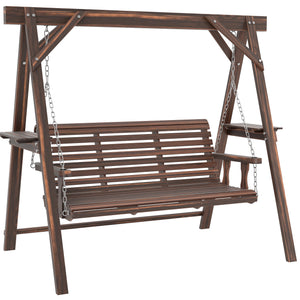 3 Seat Porch Swing with Stand, Wooden Patio Swing Chair with Side Tables and Metal Chains, Outdoor Swing Bench for Garden, Poolside, Backyard, Carbonized Brown